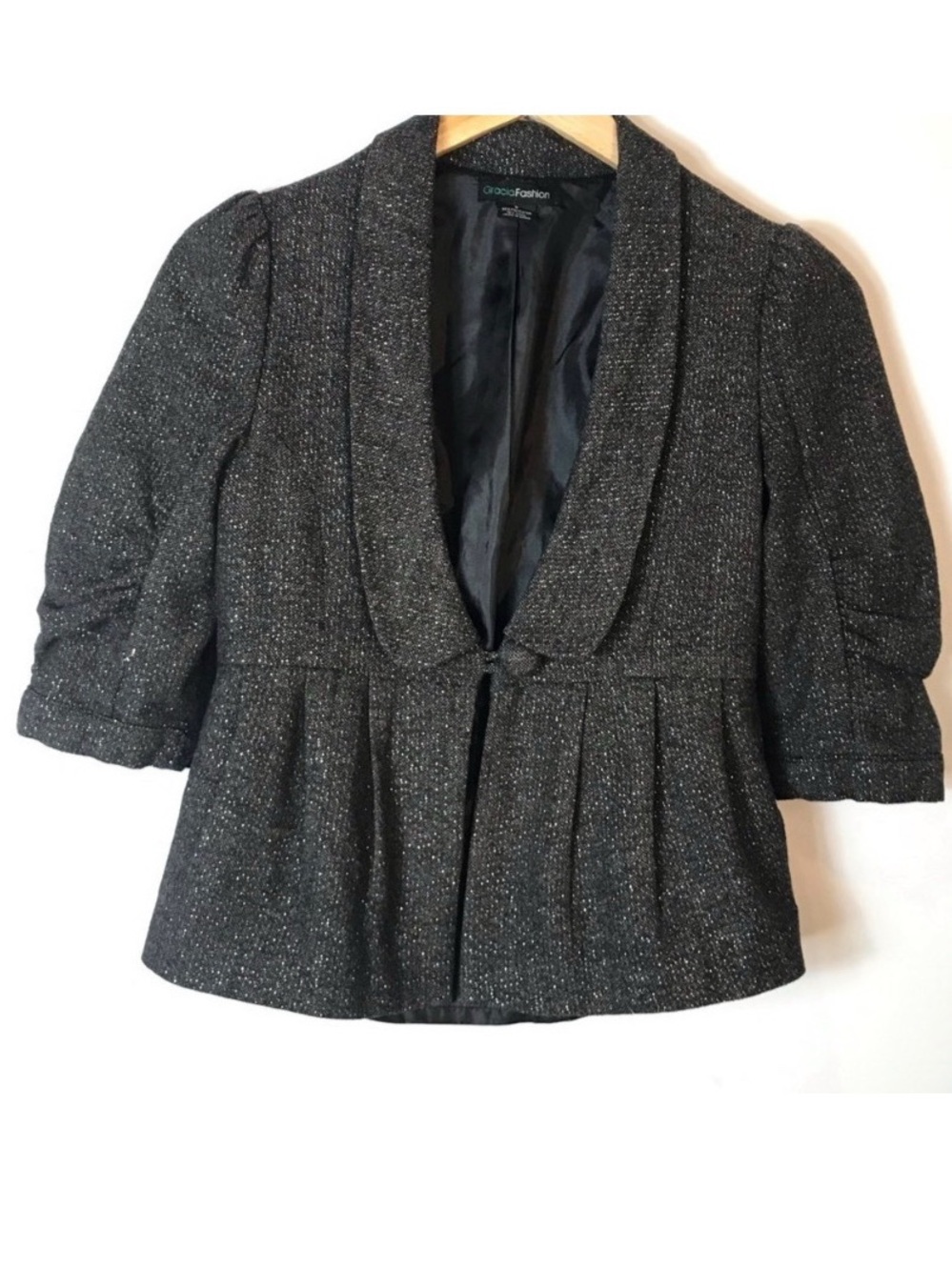 GRACIA Fashion Peplum Jacket Black Metallic Ruched Sleeve Blazer Size Small